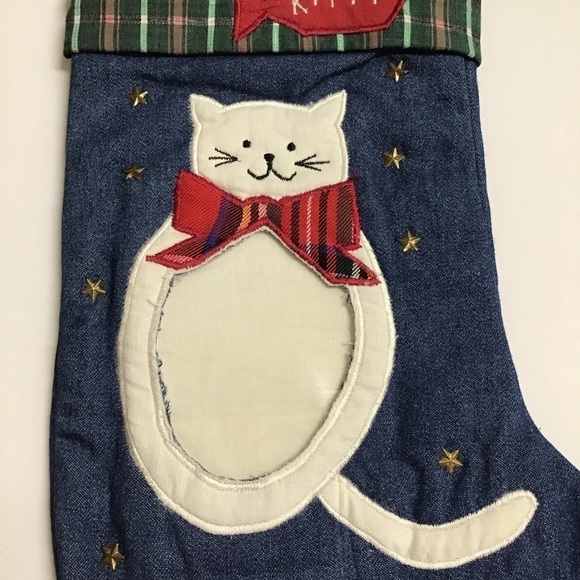 Cat Christmas Stocking Picture Frame Kitten Kitty Pet Applique Plaid Denim Stars - Picture 10 of 13